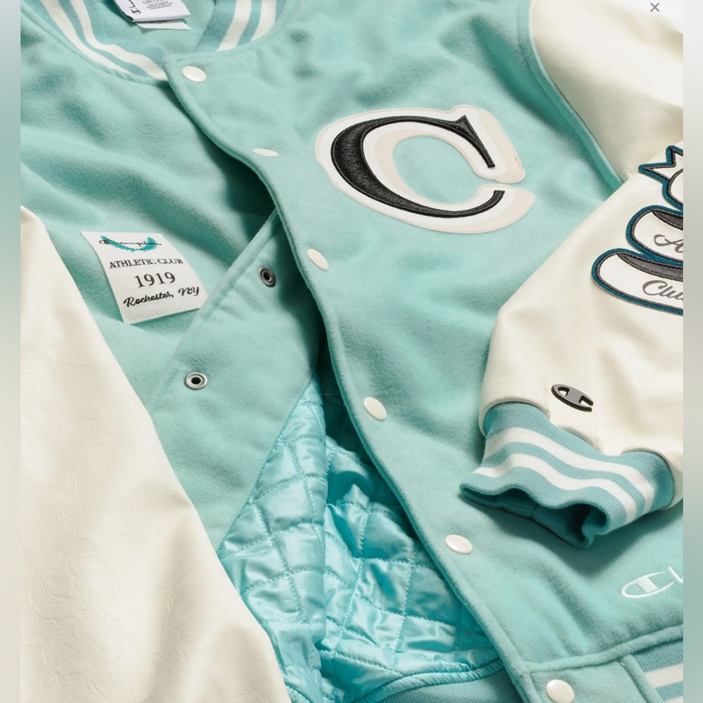 Champion Men's Varsity Bomber Jacket - Tiffany Blue and Cream Leather - Sold Out